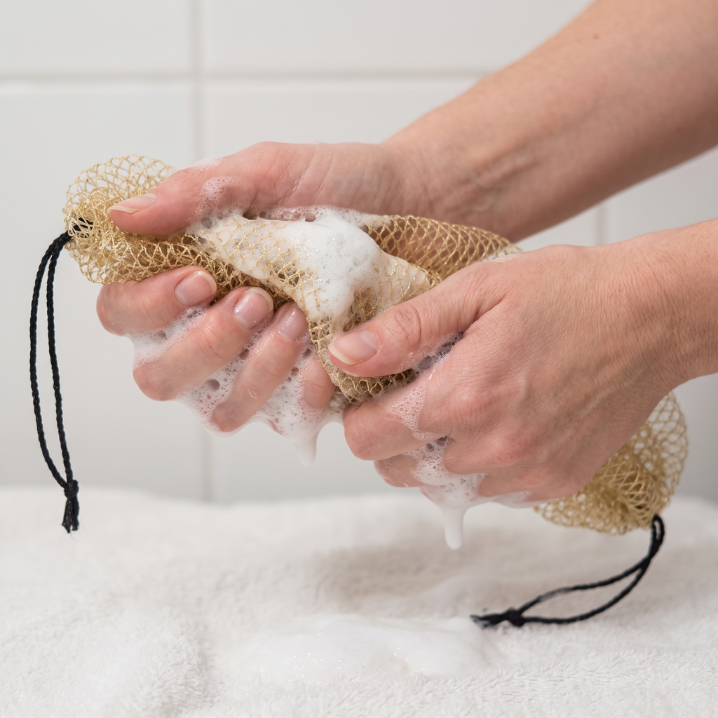 Mousse abondante obtenue avec le filet exfoliant KOYIA