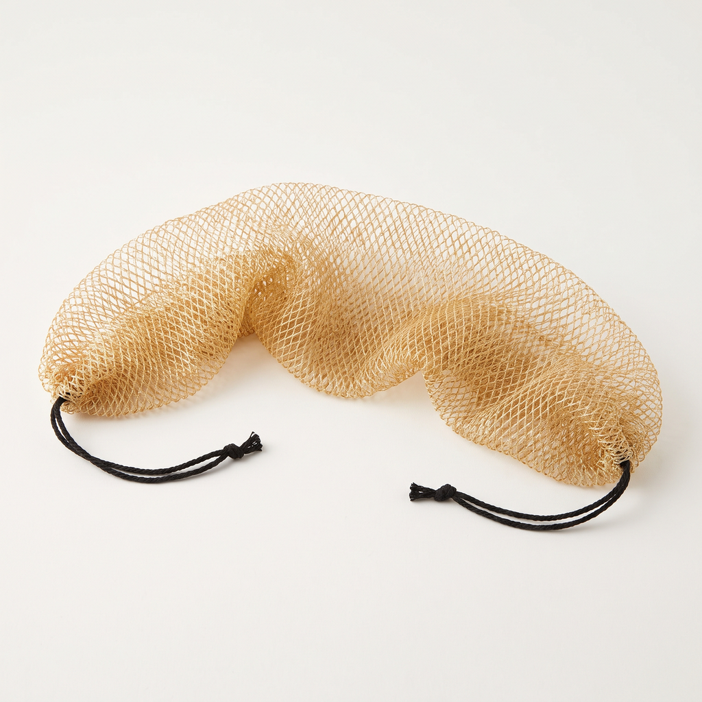 Filet exfoliant Djampé KOYIA sur fond blanc, maille dorée et cordons noirs