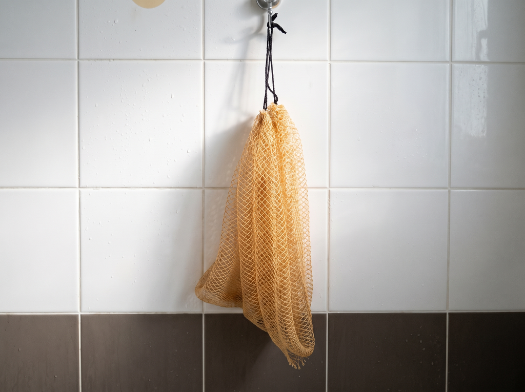 Filet exfoliant KOYIA suspendu dans la douche, en train de sécher